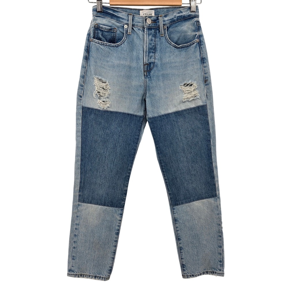 FRAME Patch Rework Straight Leg Jeans Distressed High Rise Casual Streetwear 24‎
